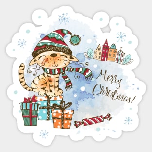Watercolor Cat on Presents Christmas Sticker